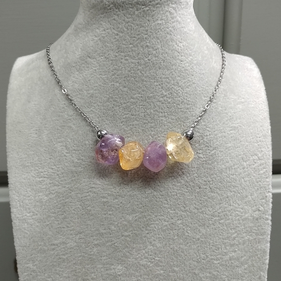 Citrine Amethyst Necklace Natural Gemstone Crystal Pendant Stainless-Steel 19.5" - Picture 11 of 11